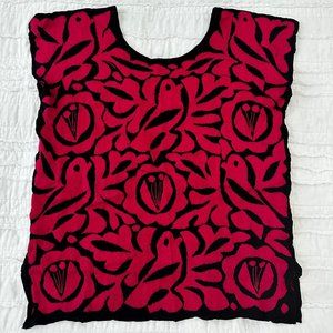 Artisan-made Mexican Embroidered Top Bright Pink/Black Womens Small
